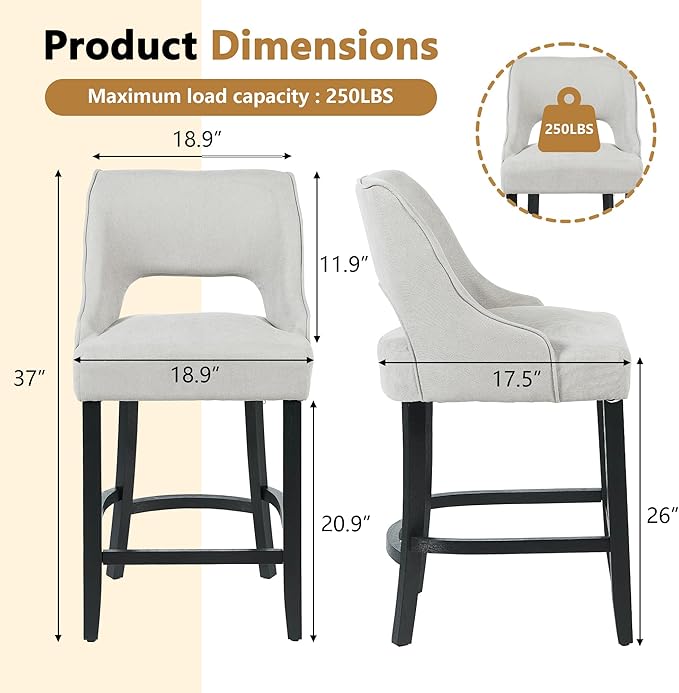 ClinQ Bar Stools Set of 4, 26" H Counter Height Bar Stools with Backs, Modern Upholstered Accent Barstools with Curved Footrest for Kitchen Island, Dining Room and Bar, Grey-Black Legs