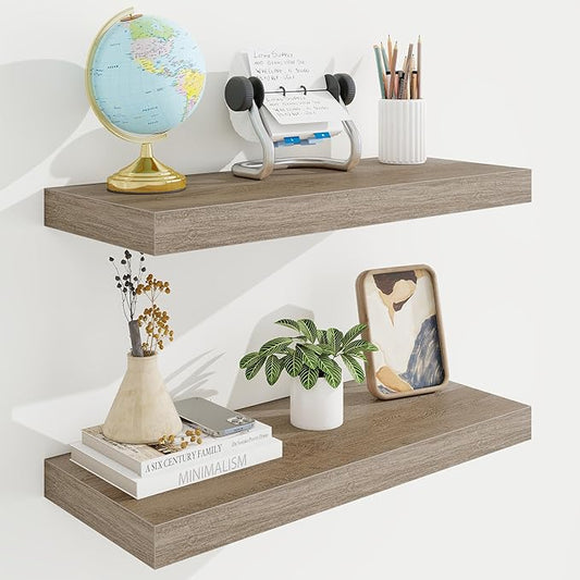 24in Floating Shelves for Wall, 24"W x 9.25"D x 1.25"H, 2 Pack Long Wall Mounted Engineered Wood Shelves with Invisible Brackets for Living Room, Bedroom, Bathroom, Kitchen Decor and Storage, Grey