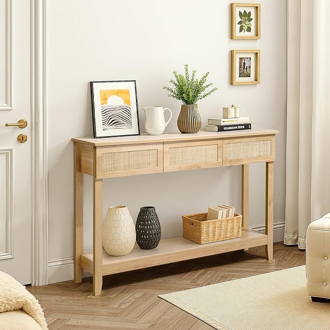 Karl home Console Table, Rattan Entryway Table with Storage Narrow Long, w/3 Drawers & Storage Shelf, Sofa Table Foyer Hallway Behind Couch Table for Living Room, Natural Wood
