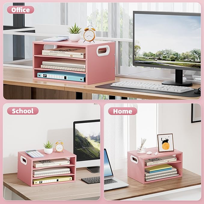 Marbrasse 3-Tier Wood Desk Organizer, Paper Letter Tray Organizer for Desk, Wooden Desktop File Organizer with Handle and Paper Sorter Mail Holder for Office School & Home Supplies Organization-Pink