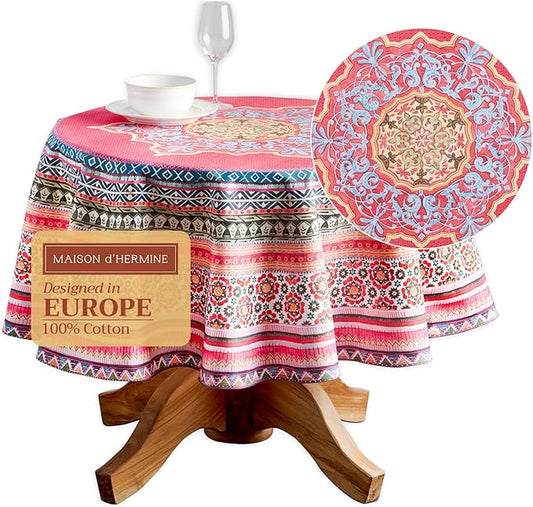 Maison d' Hermine Table Cloth Round Table 100% Cotton 63 Inches Fall Tablecloth Reusable Everyday Use for Thanksgiving Christmas Decorations Dining Farmhouse Party (Ispahan)