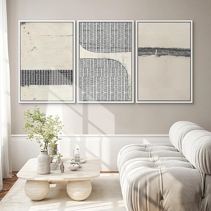SIGNWIN Framed Canvas Print Wall Art Set Black Tan Grunge Grid Polygon Pattern Abstract Shapes Cozy Neutral Decorative Contemporary Minimal for Living Room, Bedroom, Office - 16"x24"x3 White