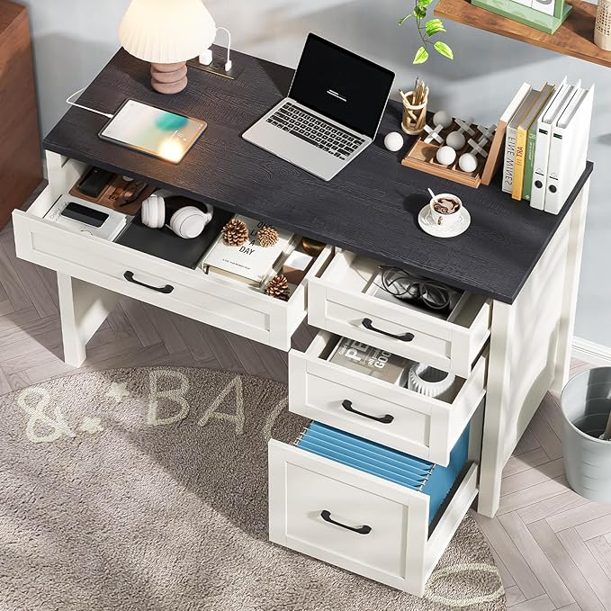 Vabches Farmhouse 47" Executive Desk, Computer Desk with File Drawer and Charging Station, Workstation for Home Office, Study,(Black).