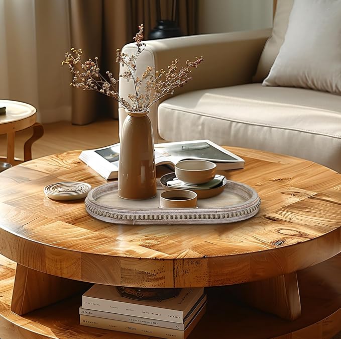 MAONAME Wood Serving Tray, Farmhouse Wooden Tray for Coffee Table, Oval Beaded Trays, Washed White Decorative Trays for Living Room, Kitchen, 15" X 9" X 1.2"