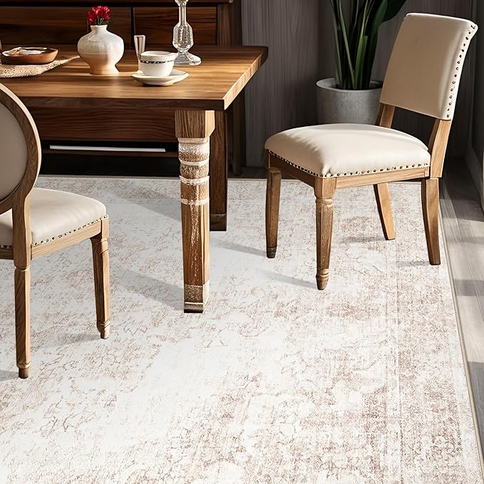 Area Rug 5x7 Vintage Rug: Washable Indoor Medallion Rugs Low Pile Distressed Floor Carpet Retro Accent Rug for Living Room Bedroom Kitchen Dining Table Home Office(Retro Beige, 5'x7')