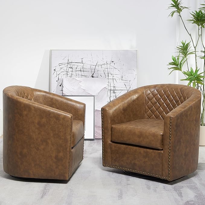 KINWELL 29" Wide Tufted Faux Leather Swivel Barrel Chair Set of 2, PU Leather Modern Upholstered Accent Chairs with Nailhead Trim, Small Armchair for Living Room Bedroom, Coffee