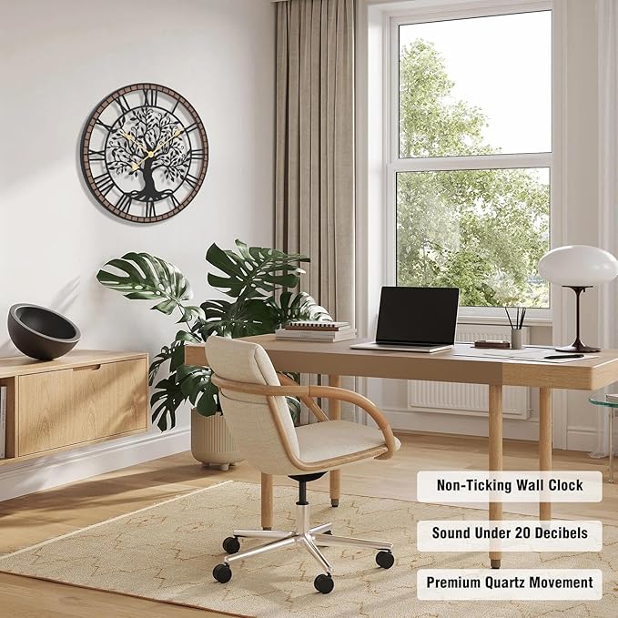 Micasso Rustic Large Wall Clock: 27Inch Farmhouse Tree of Life Metal with Wood Frame - Vintage Battery Operated Wall Clocks for Bedroom/Office/Living Room/Kitchen - Home Decor for Porfessional