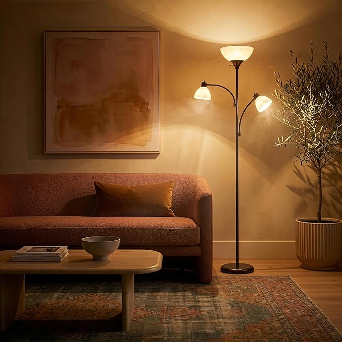 Brightech Sky Dome Double LED Floor lamp, Torchiere Super Bright Floor Lamp with 2 Reading Lamps for Living Rooms & Offices - Dimmable Tall Standing Lamp for Bedroom Reading - Bronze