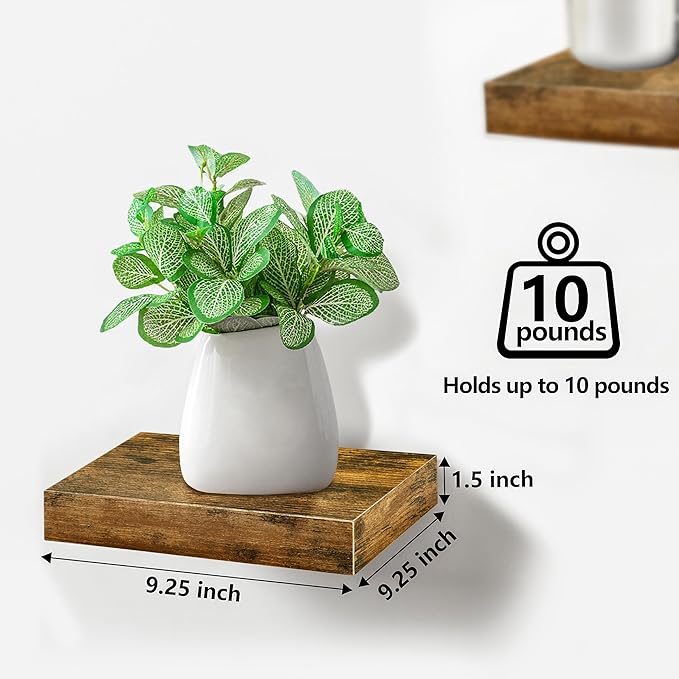Sorbus 9X9 Inch Floating Shelves for Wall – Square Floating Shelf with Invisible Mounting Bracket for Kitchen, Bedroom, Living Room & Bathroom Decor – Rustic Showcase Wall Shelf (Walnut, 4 Pack)