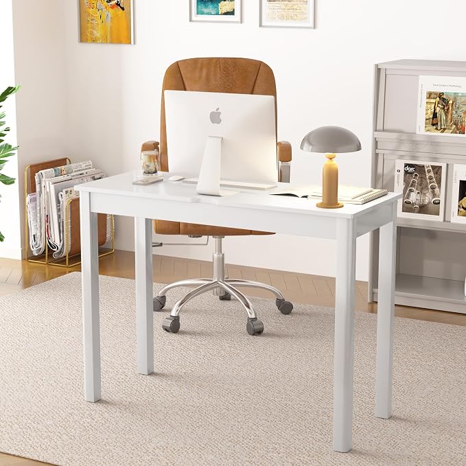 Solid Wooden Desk with Drawers - 39 x 16 Inch Simple Narrow Desks, Rubber Wood Study Table, Small Writing Desk for Bedroom|Small Spaces - White Modern Desks