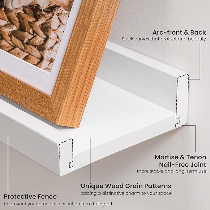 Solid Ash Wood Picture Ledge Shelf, Wood Floating Shelves Set of 2, 48 Inch Long Large Photo Ledge Shelves, Nursery Book Shelves Wall Mounted for Living Room Kids' Bedroom Decor, White