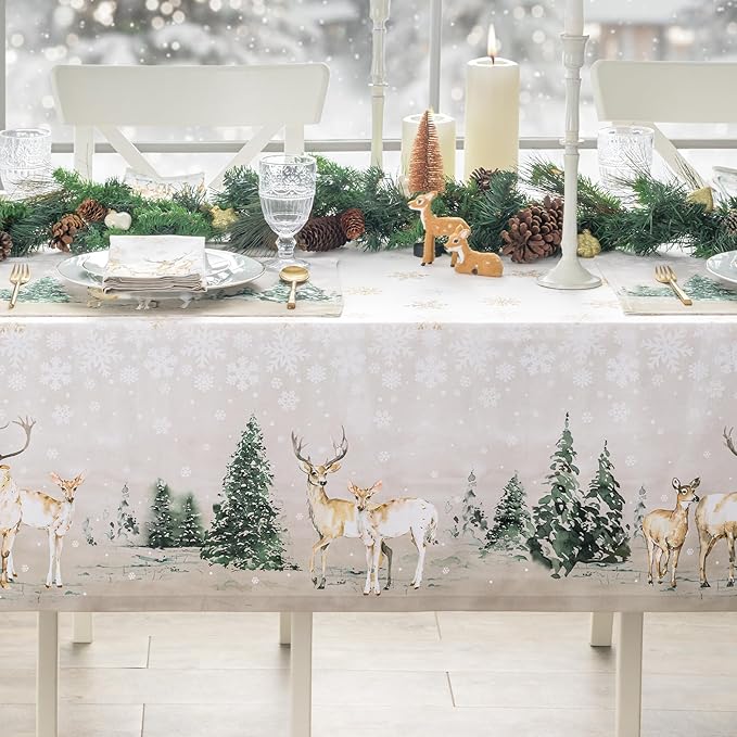 Maison d' Hermine Table Cloth Rectangle Table 100% Cotton 60 x 120 Inches Fall Tablecloth Reusable Everyday Use for Thanksgiving Christmas Decorations Dining Farmhouse Party (Deer in The Woods)