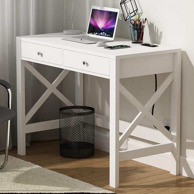 ChooChoo Computer Desk with USB Charging Ports and Power Outlets, Modern Simple 40 Inches Desk with Drawers, Makeup Vanity Console Table, White