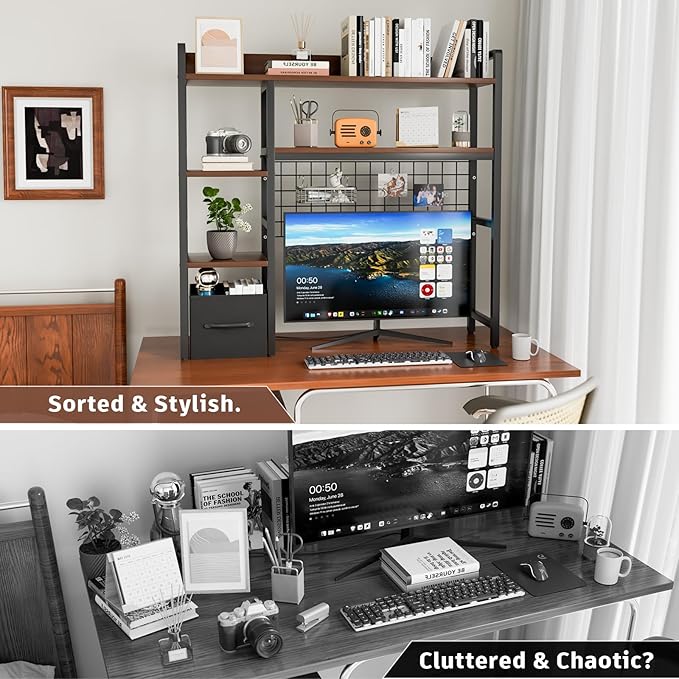 4- Tier Desk Shelf, Wooden Desktop Organizer Shelf with Grid Panels,Home Dormitory Office Computer Desk Bookshelf Storage Rack,Office Desk Bookshelf with a Woven Drawer,Black,38.6" Wide