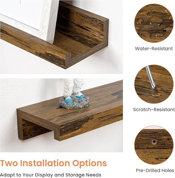 RICHFOCUS Picture Ledge Shelf, 55 inch Floating Shelves Set of 2, Wood Wall Shelves with Lip, Wall Decor Storage for Bedroom Living Room Bathroom Kitchen Nursery Photo Picture, Rustic Brown