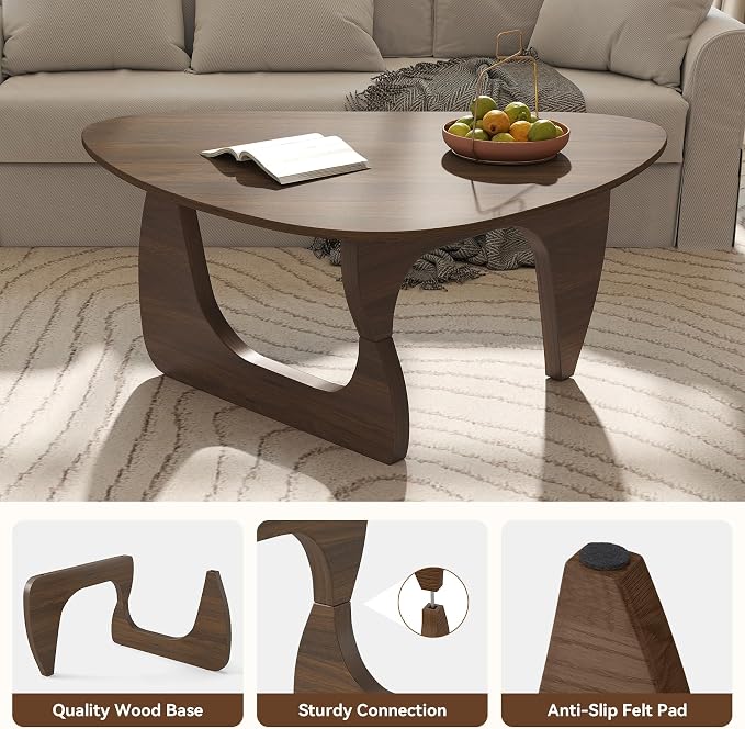 Modern Wood Coffee Table, Triangle Center Table with Premium Wooden Top& Unique Base, 42.5” Small Mid Century Tea Tables for Living Room, Apartment, Office,Walnut