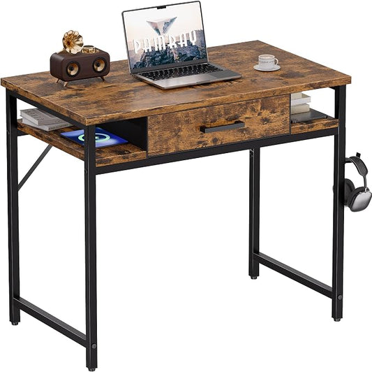 Pamray 32 Inch Small Computer Desk with Drawer and Shelves Simple Study Work Table for Bedroom Vintage
