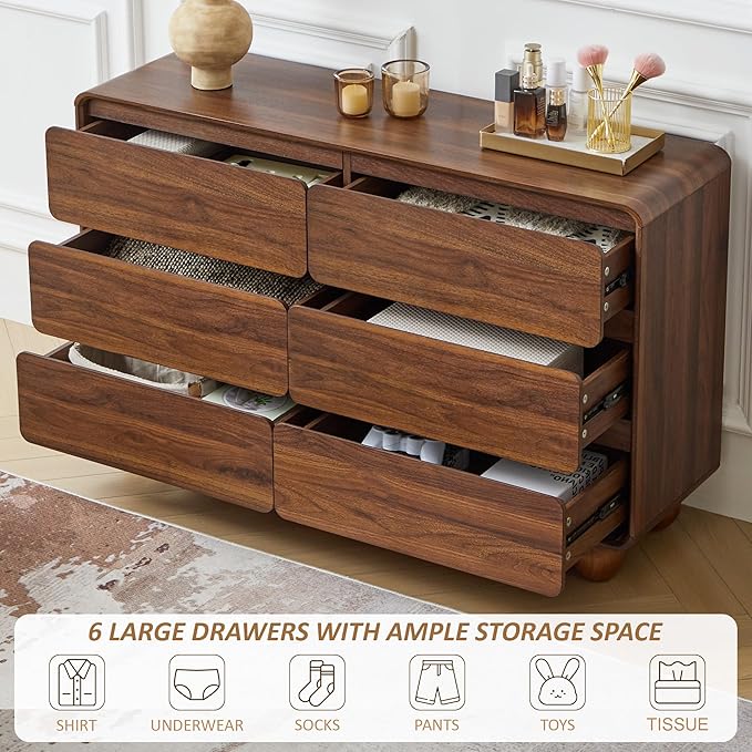 AVZEAR Modern 6 Drawer Dresser for Bedroom, 48" Wide Wooden Dresser Chest of Drawers, Handle Free & Curved Profile Design, Mid Century Closet Clothes Storage Organizer for Living Room, Walnut
