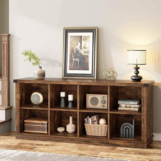 GarveeHome 8 Cube Storage Organizer Bookshelf, 3 Tier Farmhouse Horizontal Bookcase, 62 in Wood Storage Bookcase for Entryway, Long Low Bookshelves for Living Room-Retro Brown