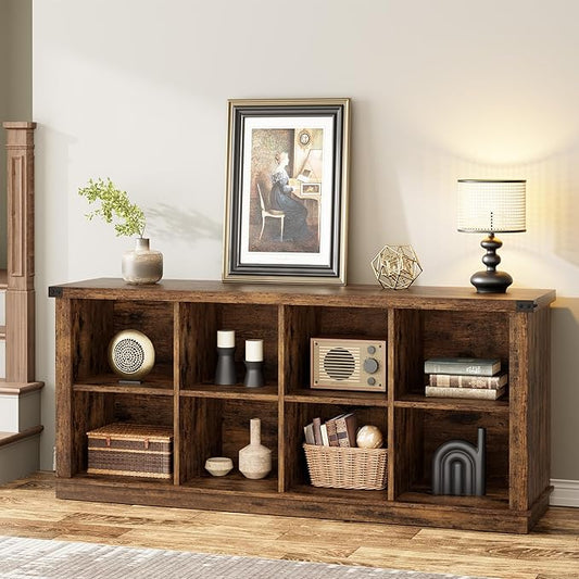 GarveeHome 8 Cube Storage Organizer Bookshelf, 3 Tier Farmhouse Horizontal Bookcase, 62 in Wood Storage Bookcase for Entryway, Long Low Bookshelves for Living Room-Retro Brown