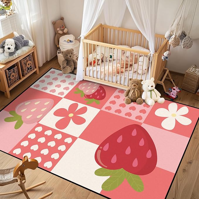 Strawberry Checkered Rug Cute Red Area Rug Love Flower Washable Carpet for Bedroom Living Room Nursery Kitchen Playroom Home Decor Soft Non Slip Floor Mat，4'x6'