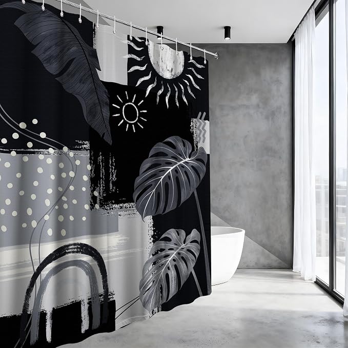 Black and Gray Mid Century Modern Shower Curtain Bohemian Abstract Dark Black and Grey Shower Curtains for Bathroom Decor Sets, Waterproof Cloth Fabric with Hooks, 70x72 Inch