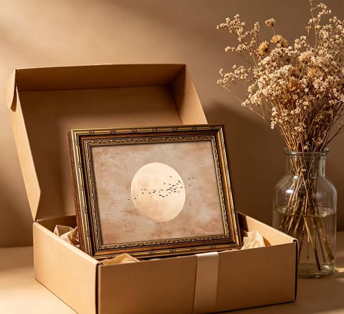 Vintage Gold Framed Minimalist Moon and Birds in Flight Wall Art, Neutral Beige Sky Painting Canvas Prints, Boho Nature Poster Artwork for Modern Living Room Bedroom Office Wall Decor，9x11in