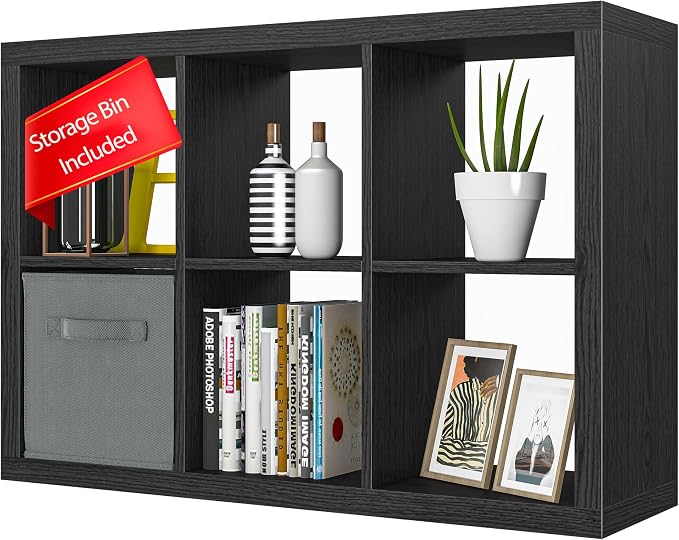 furtble Bookshelf with Storage Bin, 6-Cube Storage Organizer, Modern Wood Open Bookcase, Multifunctional Display Shelf for Living Room, Bedroom, Home Office, Black