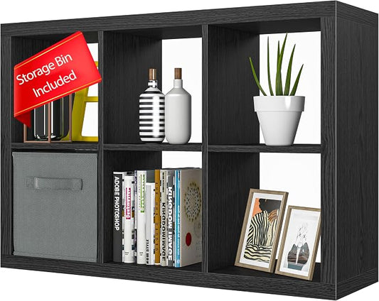 furtble Bookshelf with Storage Bin, 6-Cube Storage Organizer, Modern Wood Open Bookcase, Multifunctional Display Shelf for Living Room, Bedroom, Home Office, Black