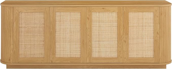 LKTART 64" Sideboard Buffet Cabinet with Storage, Wooden Fluted Storage Cabinet Sideboard with Adjustable Shelves Pressed Spring Rattan Doors for Kitchen Living Room (Natural)