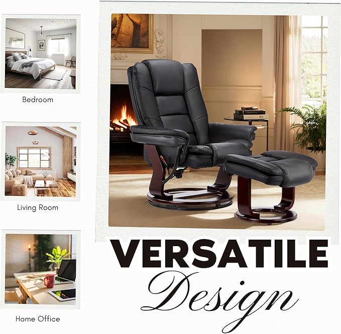 Argus Swivel Recliner with Ottoman, PU Leather & Wood Base Reclining Chair with Footrest, Ultra-Plush Double Foam for Living Room, Bedroom and Office, Set of 1