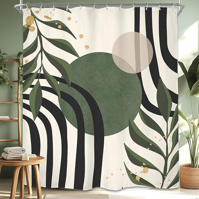 Miyotaa Abstract Sage Green Black Shower Curtain Set 60Wx71H Inches Modern Aesthetic Contemporary Minimalist Plant Leaves Neutral Geometric Waterproof Bathroom Curtain with 12 Hooks