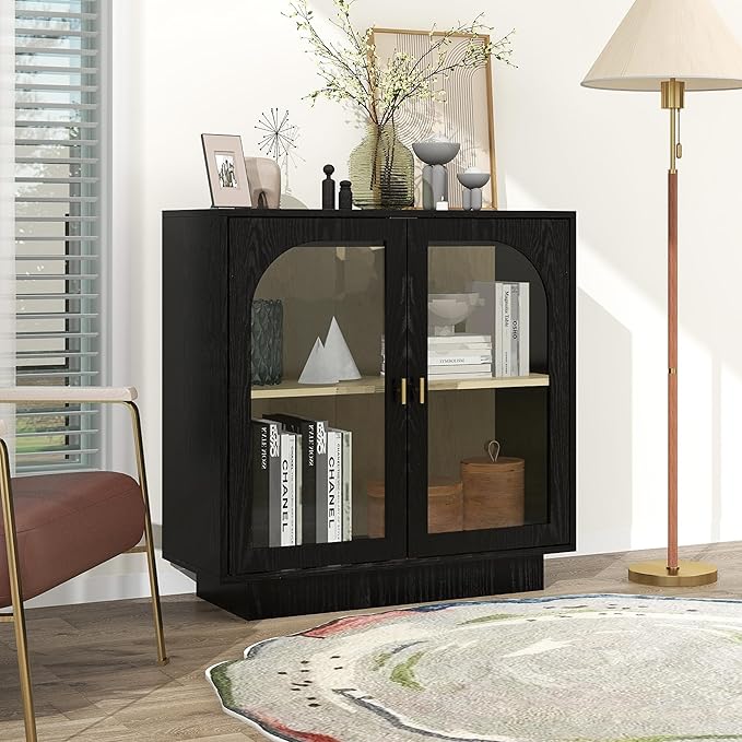 Sideboard Buffet Cabinet with Storage - Accent Storage Cabinet Modern Furniture with Glass Doors and Adjustable Shelves, Wood Credenza for Living Room, Kitchen, Dining Room (Black)