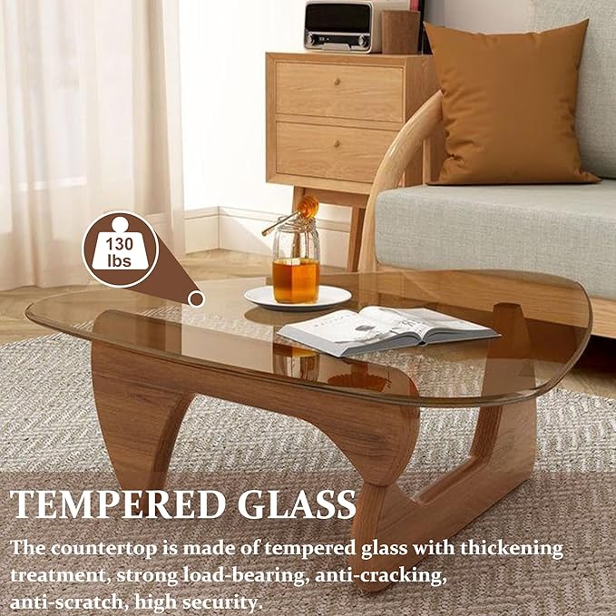 Glass Coffee Table, Triangle Coffee Table for Small Space, 35.8" Mid Century Modern Center Tables w/Tempered Glass Tabletop & Solid Legs, for Living Room Home Office, Unique