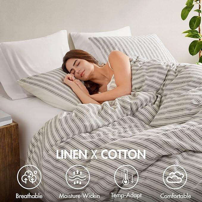 Madison Park Duvet Cover Set for Hot Sleepers - Linen Cotton Rayon Blend, Cal King Size 3 Piece Set with Shams - Lightweight & Breathable Bedding, Grey Striped Design