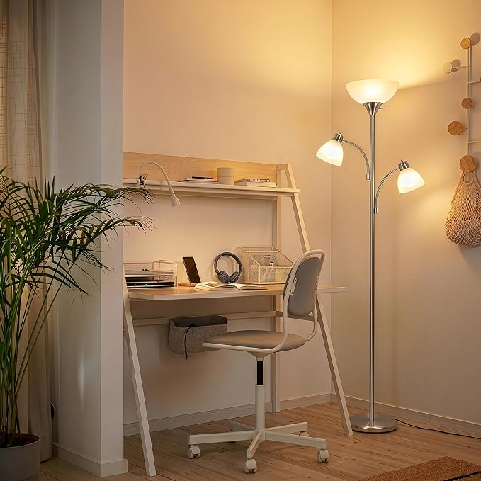 Brightech Sky Dome Double LED Floor lamp, Torchiere Super Bright Floor Lamp with 2 Reading Lamps for Living Rooms & Offices - Dimmable Tall Standing Lamp for Bedroom Reading - Tall Silver Pole