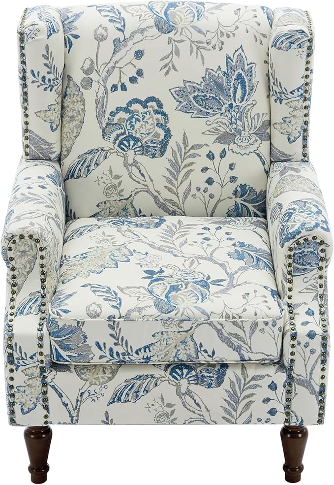 Pia Ricco Set of 2 Floral Accent Chairs, High Back Upholstered Armchairs with Retro Wingback Design, Nailhead Trim & Solid Wood Legs for Living Room Bedroom(Plants Blue)