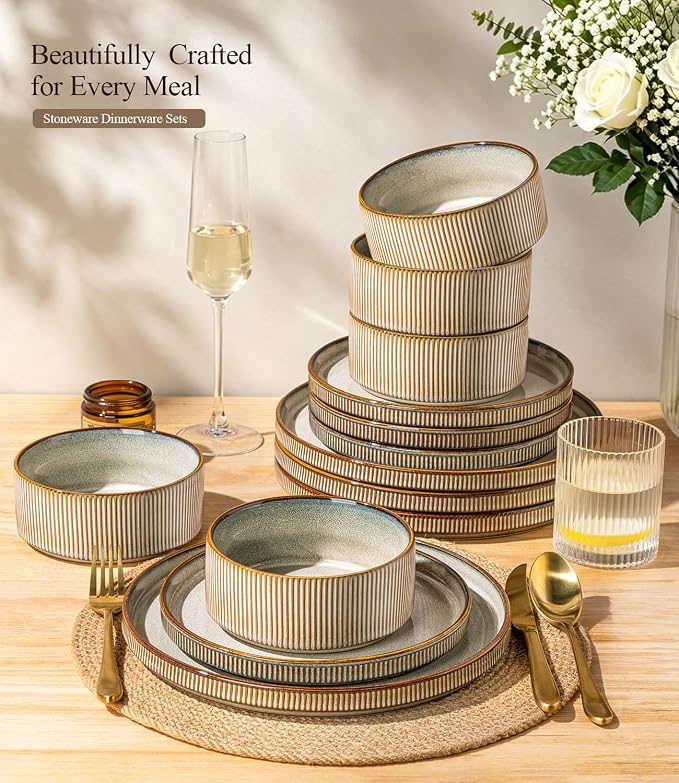 GBHOME 12-Piece Stoneware Dinnerware Set for 4 – Ribbed Ceramic Plates and Bowls, Scratch-Resistant, Microwave & Dishwasher Safe, Reactive Glaze, Reactive Glaze Green Wheat