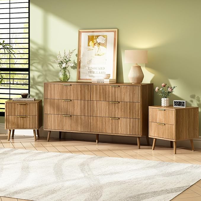 CARPETNAL Fluted Dresser and Nightstand Sets for Bedroom, 3 Pcs Bedroom Set, 6-Drawer Dresser & 2-Drawer Nightstand Set of 2, Modern Wood Chest of Drawers for Living Room, Entryway, Walnut