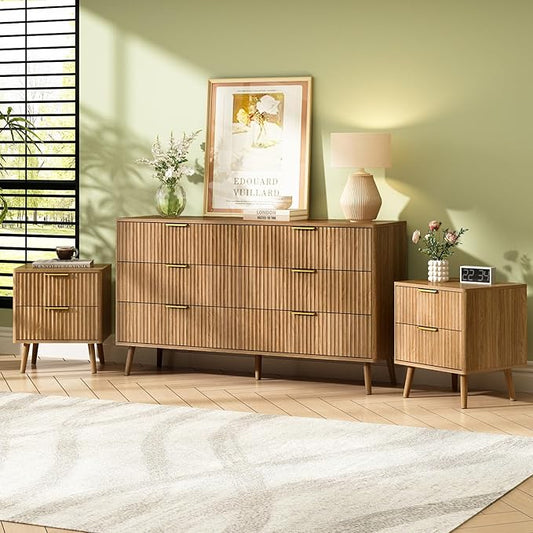 CARPETNAL Fluted Dresser and Nightstand Sets for Bedroom, 3 Pcs Bedroom Set, 6-Drawer Dresser & 2-Drawer Nightstand Set of 2, Modern Wood Chest of Drawers for Living Room, Entryway, Walnut