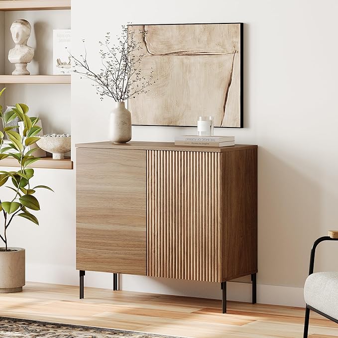 WAMPAT 31.5" Sideboard Buffet Cabinet with 2 Doors and Adjustable Shelves, Fluted Storage Cabinet, Modern Credenza Coffee Bar Wine Bar Table for Kitchen, Dining Room, Living Room, Light Walnut