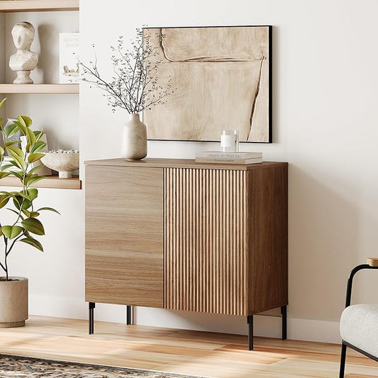 WAMPAT 31.5" Sideboard Buffet Cabinet with 2 Doors and Adjustable Shelves, Fluted Storage Cabinet, Modern Credenza Coffee Bar Wine Bar Table for Kitchen, Dining Room, Living Room, Light Walnut