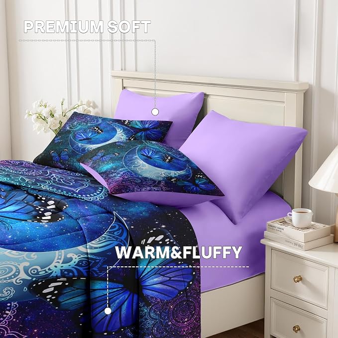 Nesker 7 Pcs Comforter Set Queen Size, Dream Butterflies Floral Bedding Set for Kids and Adults, Fantasy Starry Moon Bed Sheet Sets with Fitted Sheet 2 Pillowcases & 2 Shams