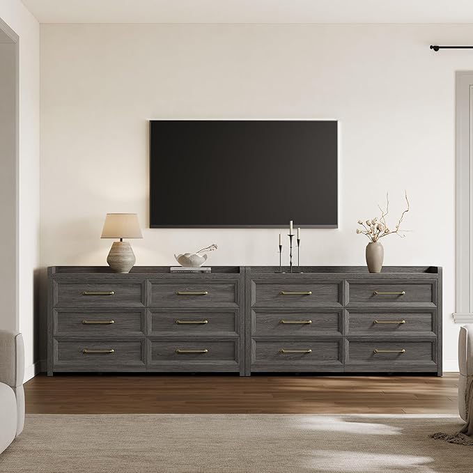 SICOTAS 6 Drawer Dresser for Bedroom-112.8" Extra-Wide Wooden Chest of Drawers with Large Storage, Long Dresser TV Stand with Drawers, Modern Closet Dressers for Nursery, Dark Grey Oak, 2PCS