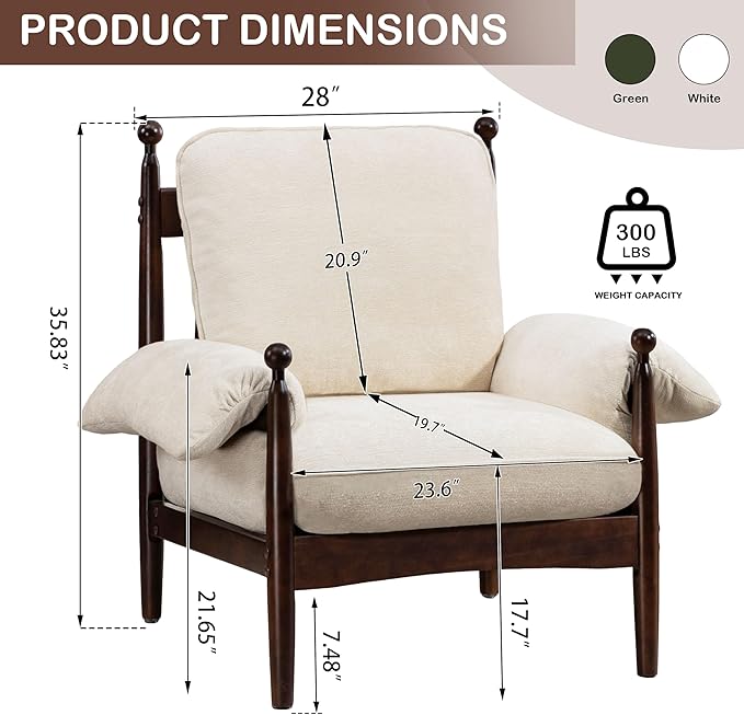 AQO Mid Century Modern Accent Chair with Arms, Upholstered Spindle Chair with Wood Frame, High-Resilience Sponge Cushion for Living Room Bedroom Office
