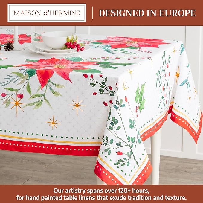 Maison d' Hermine Table Cloth Square Table 100% Cotton 54 x 54 Inches Fall Tablecloth Reusable Everyday Use for Thanksgiving Christmas Decorations Dining Farmhouse Party (Poinsettia Christmas)