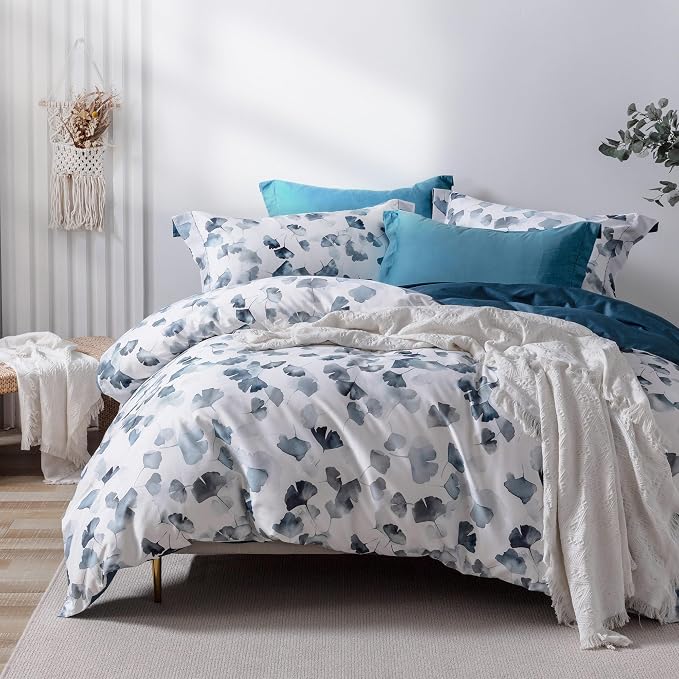MILDLY Floral Duvet Cover Set - 100% Long-Staple Cotton Navy Ginkgo Leaf Pattern Printed Comforter Cover 3pcs Soft Breathable Luxury Bedding for All Season