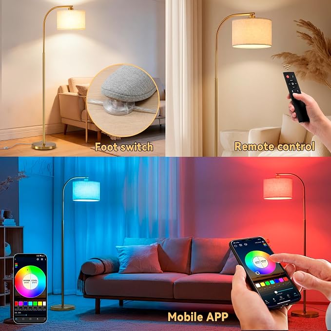Floor Lamp for Living Room with Remote,Dimmable Tall Standing Lamps,Modern Gold Floor Light with Smart RGB Bulb,App Control,3 Color Temperatures,Fabric Shades,Floor Lamp for Bedroom Office Corner