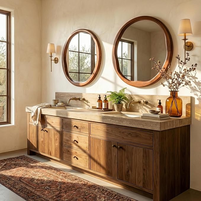 Round Walnut Mirror 24 Inch, Asymmetrical Wavy Inner Edge Wall Mirror for Bathroom Vanity, Bedroom, Solid Wood Irregular Retro Decor