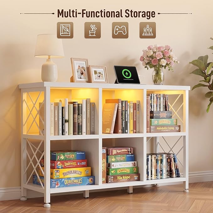 DurayLoly 6 Cube Storage Organizer with LED Light and Charging Station, Wood and Metal Cube Shelf as White Horizontal Book Shelf for Bedroom Home Office